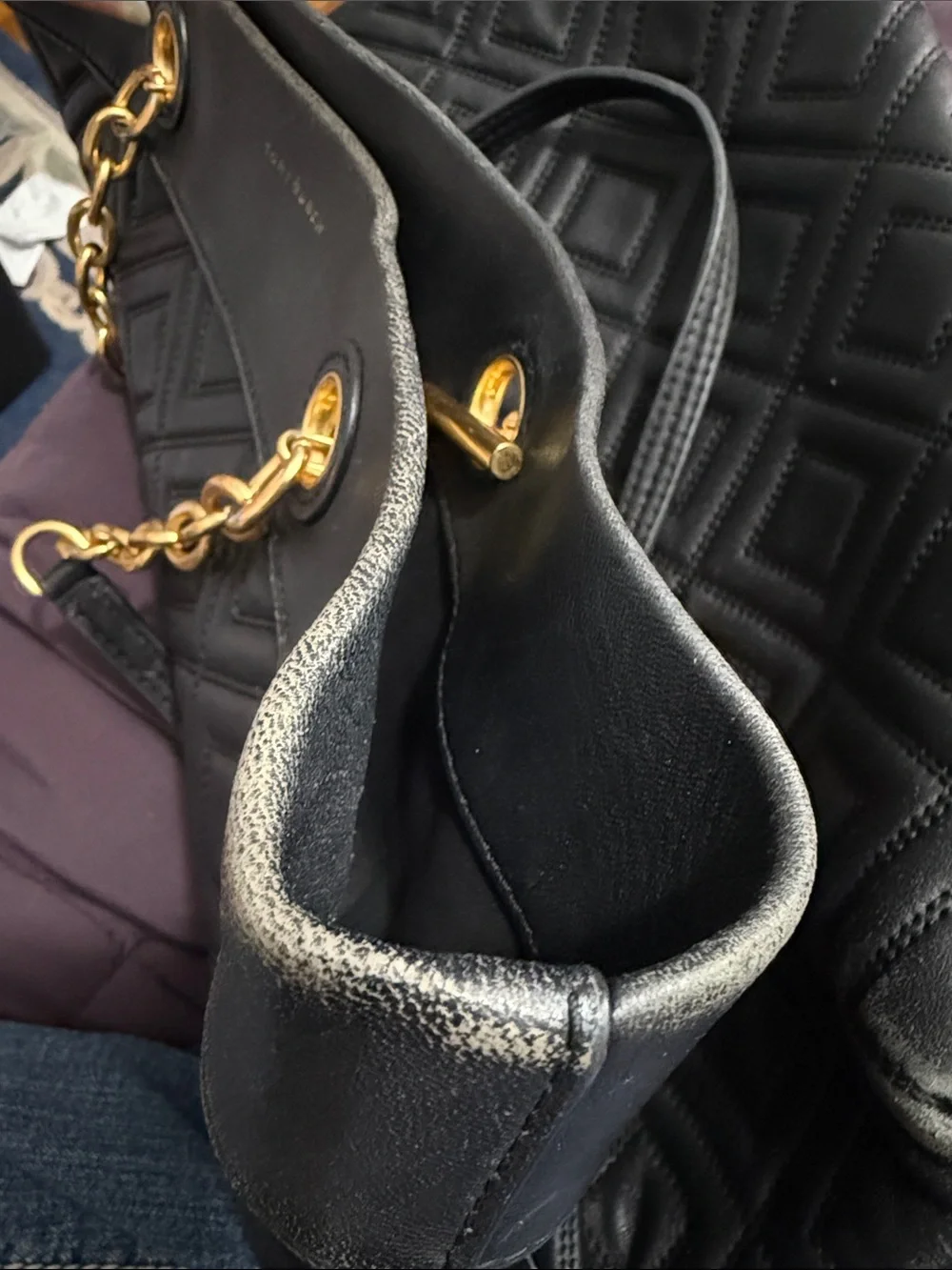 Tory Burch Black Quilted Leather Tote with Gold Chain Straps